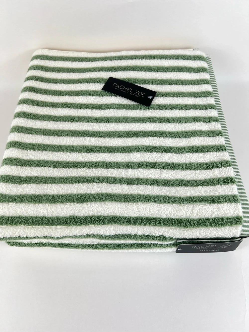 Rachel Zoe Bath Towels Green White Striped Soft Plush 100% Cotton 2 Pc NEW